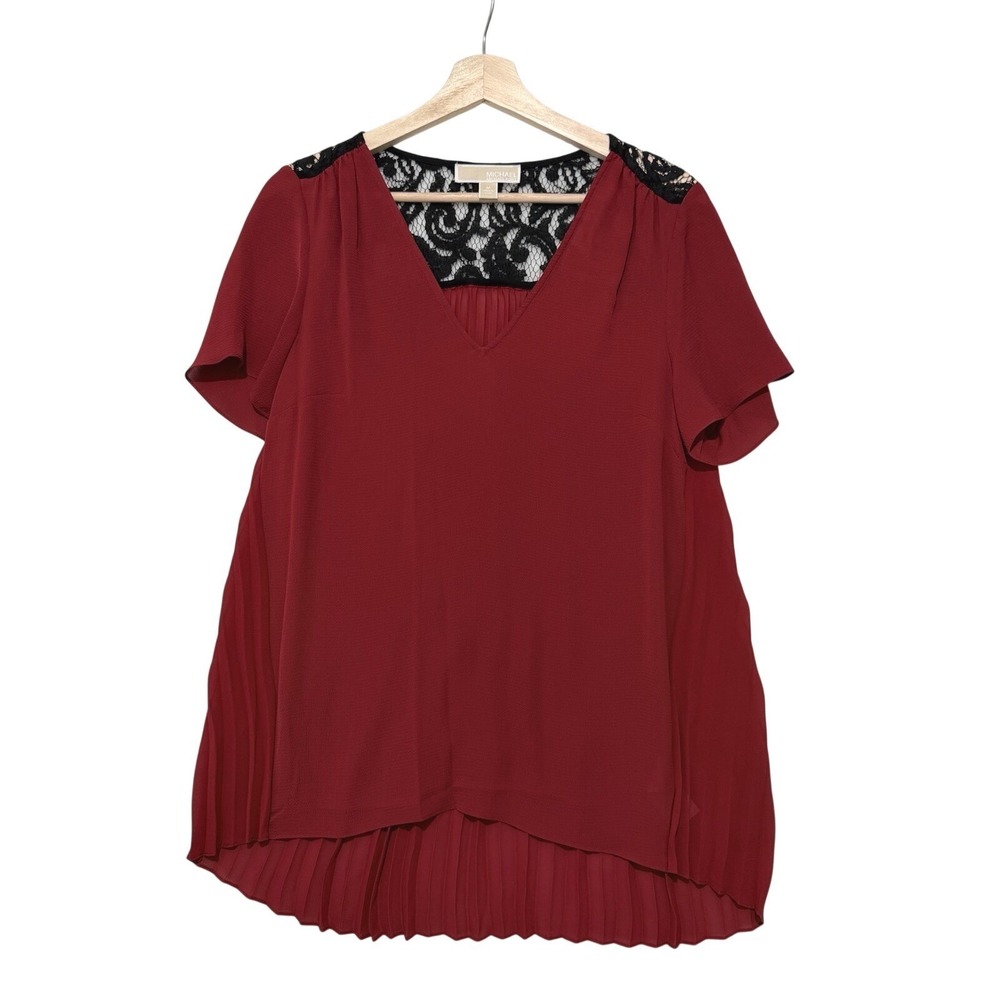 Michael Kors Women's Red Blouse Sz Medium Black Lace Pleated Sheer‎ Lightweight